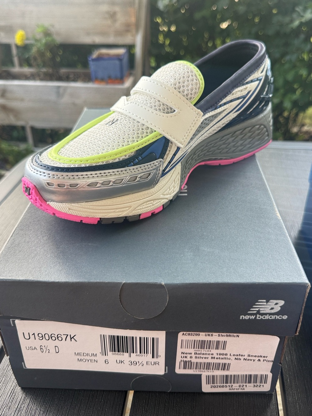 New Balance 1906L, White, Neon Green, Silver Metallic Pink Sneaker, Sz 39.5 (EU)